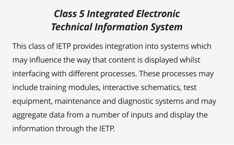 This class of IETP provides integration into systems which may influence the way that content is displayed whilst interfacing with different processes. These processes may include training modules, interactive schematics, test equipment, maintenance and diagnostic systems and may aggregate data from a number of inputs and display the information through the IETP. Class 5 Integrated Electronic  Technical Information System